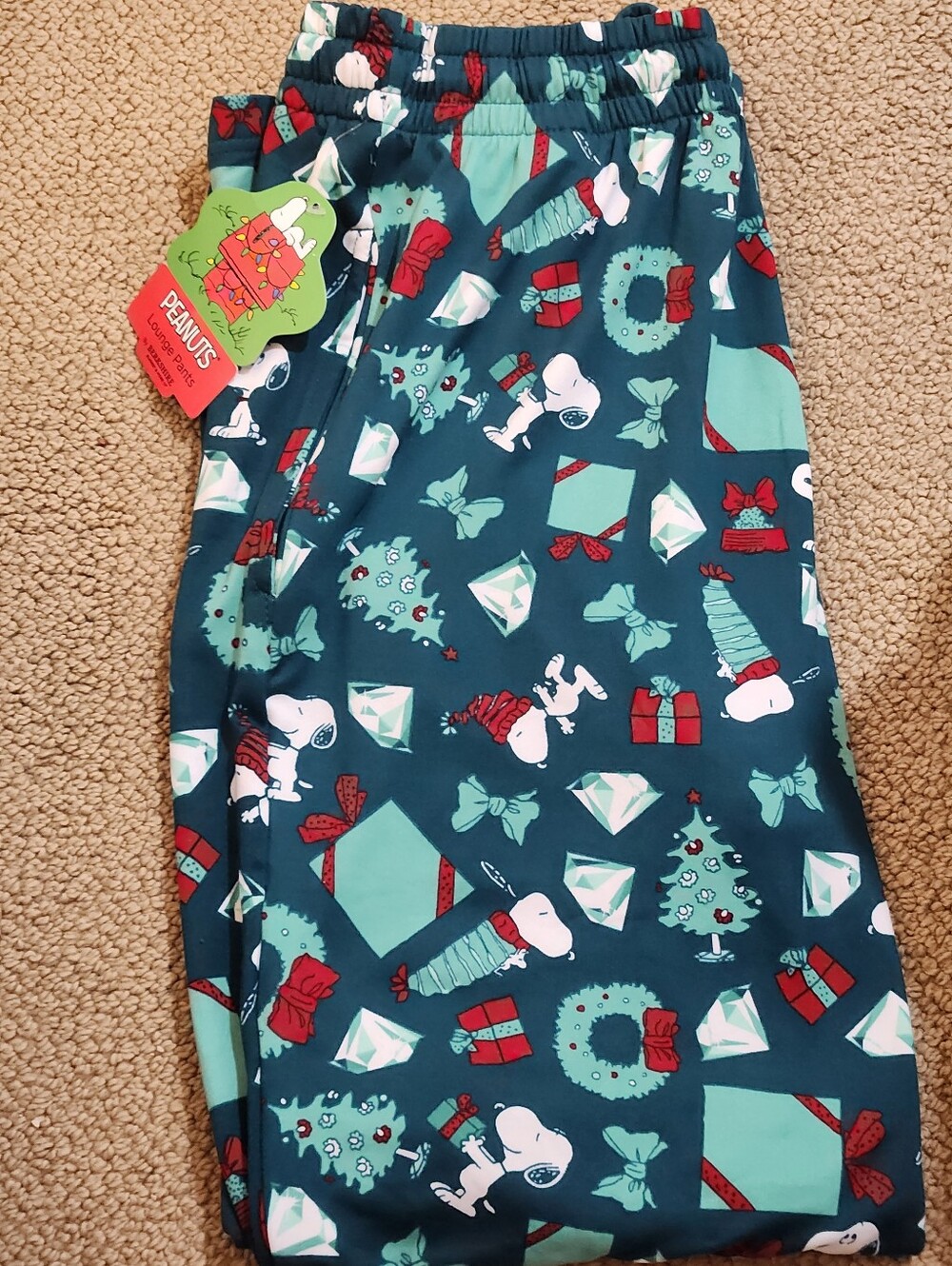 Peanuts Women's Teal & Red Snoopy Holiday Pajama Bottoms Size Large